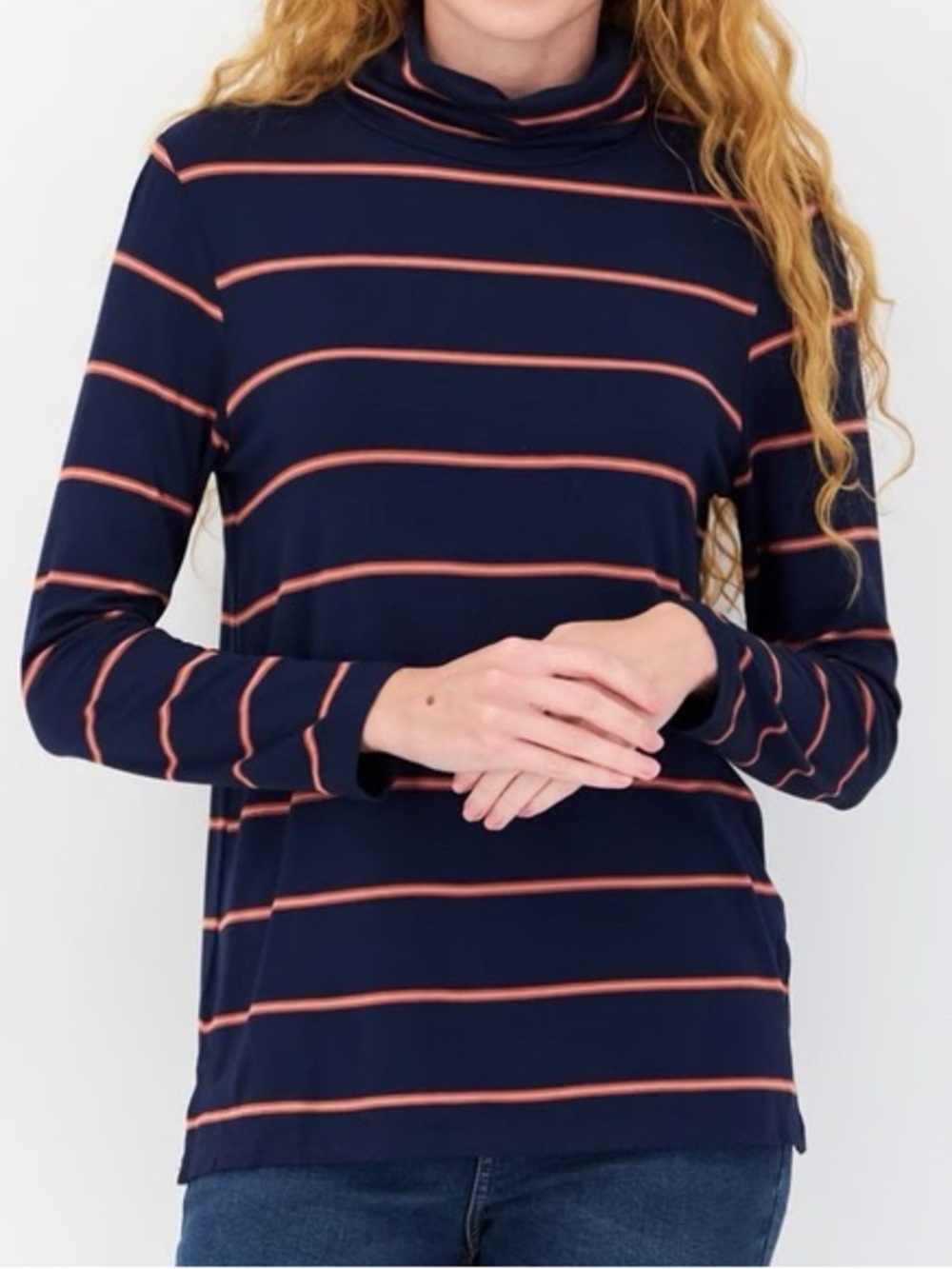 Market & Spruce Women's Navy Stripe Turtleneck Long Sleeve Top